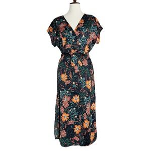Zara Trafaluc Floral Print Midi Dress V Neck Short Sleeve Belted XS